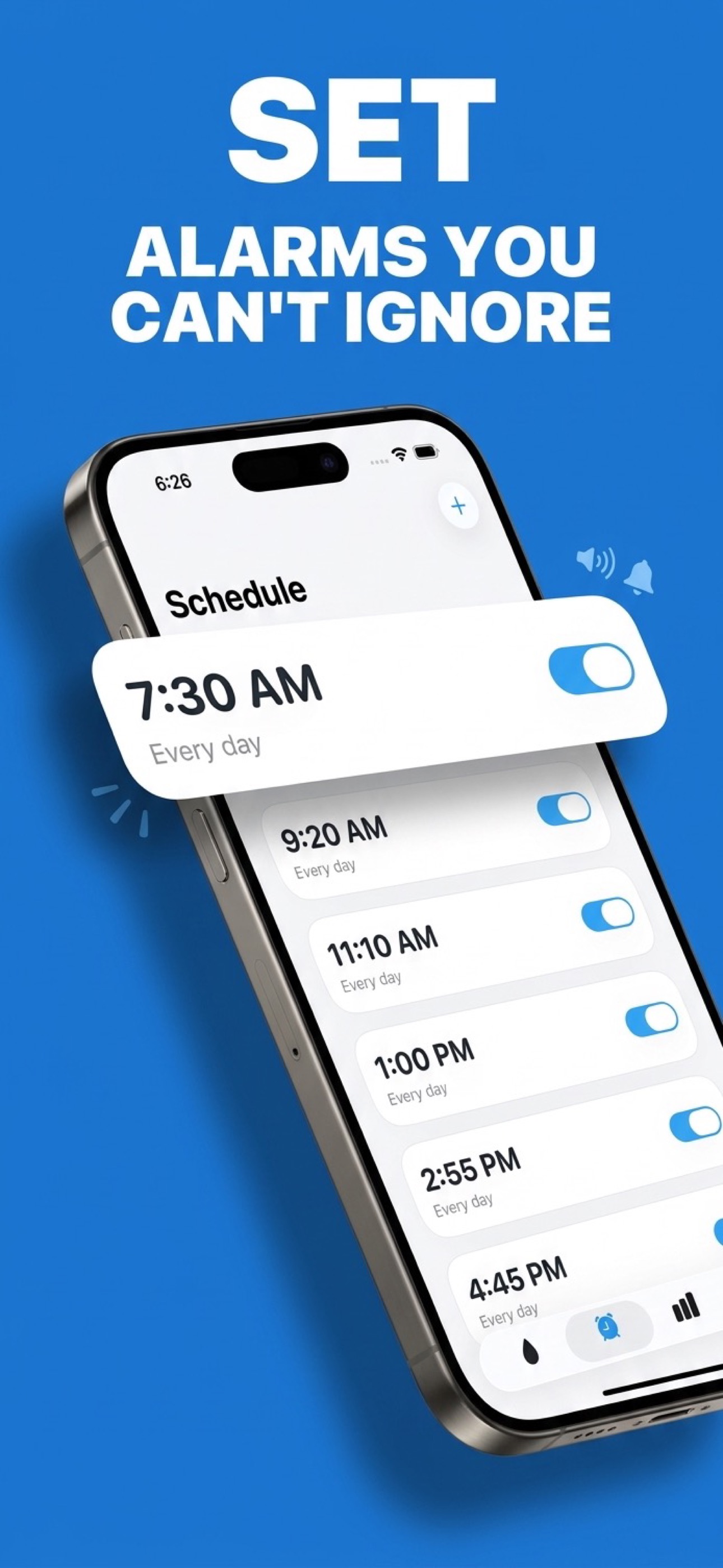 Set alarms you can't ignore — Sip Siren water reminder schedule on iPhone