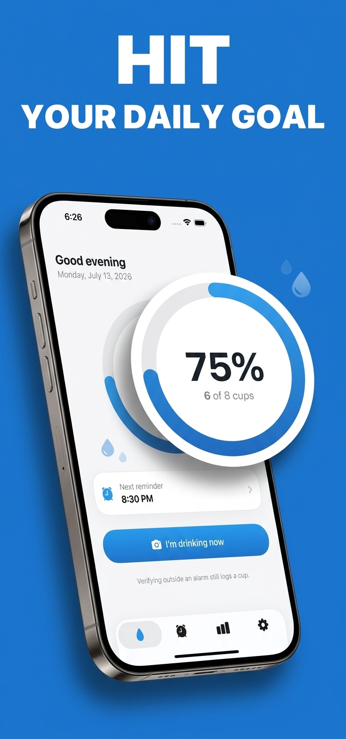 Hit your daily goal — Sip Siren hydration tracker progress ring showing 6 of 8 cups